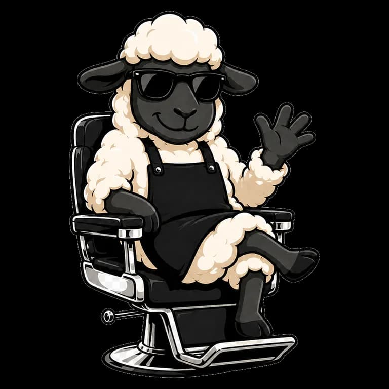 ShearBookings mascot — a stylish sheep barber in a classic barber chair