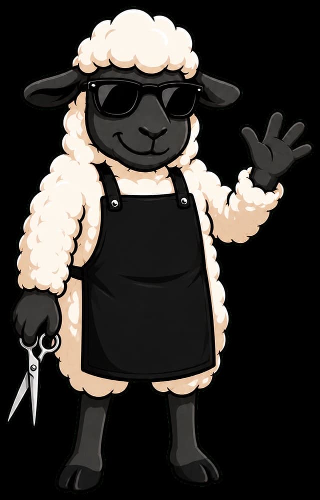 ShearBookings mascot — a stylish sheep barber waving hello